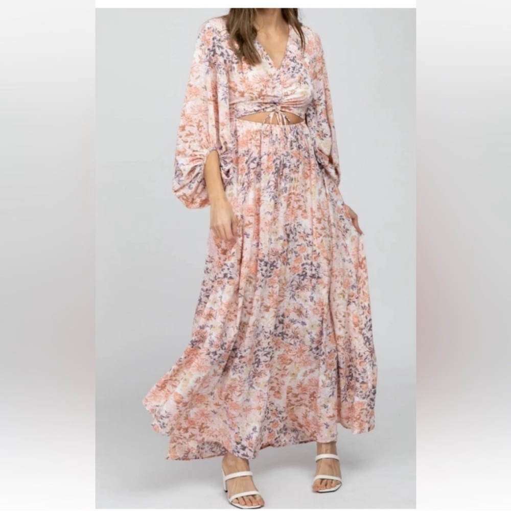 Entro Peach Pink Floral Cutout Maxi Dress sz S Ethereal Garden Cottagecore
